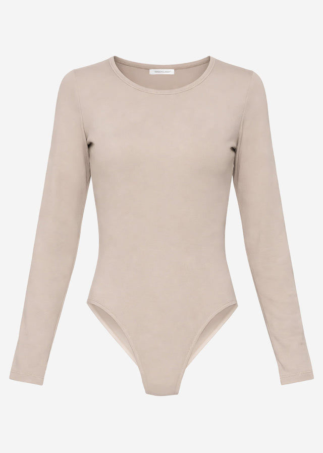 Long-sleeved bodysuit with crew neck - beige