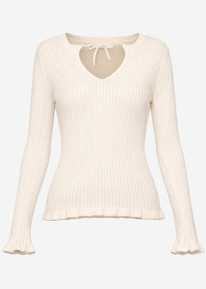 Ribbed knit top with bow at the neckline - beige