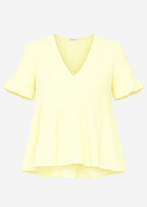 Muslin shirt with ruffles and deep V-neck - butter yellow