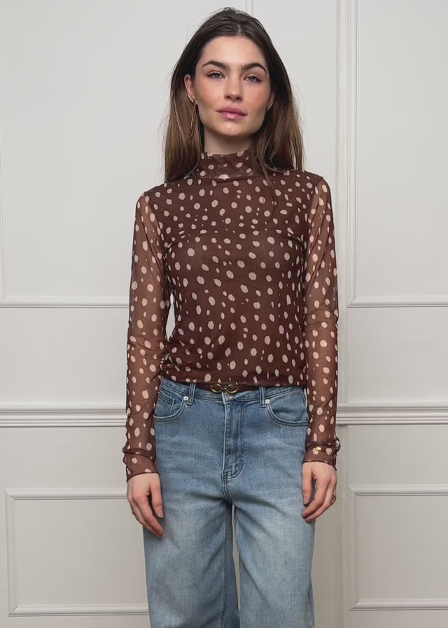 Mesh long-sleeved shirt with polka dots - brown by SASSYCLASSY