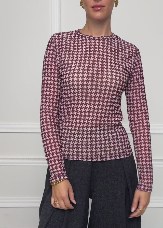 Mesh long-sleeved top with houndstooth pattern - burgundy by SASSYCLASSY