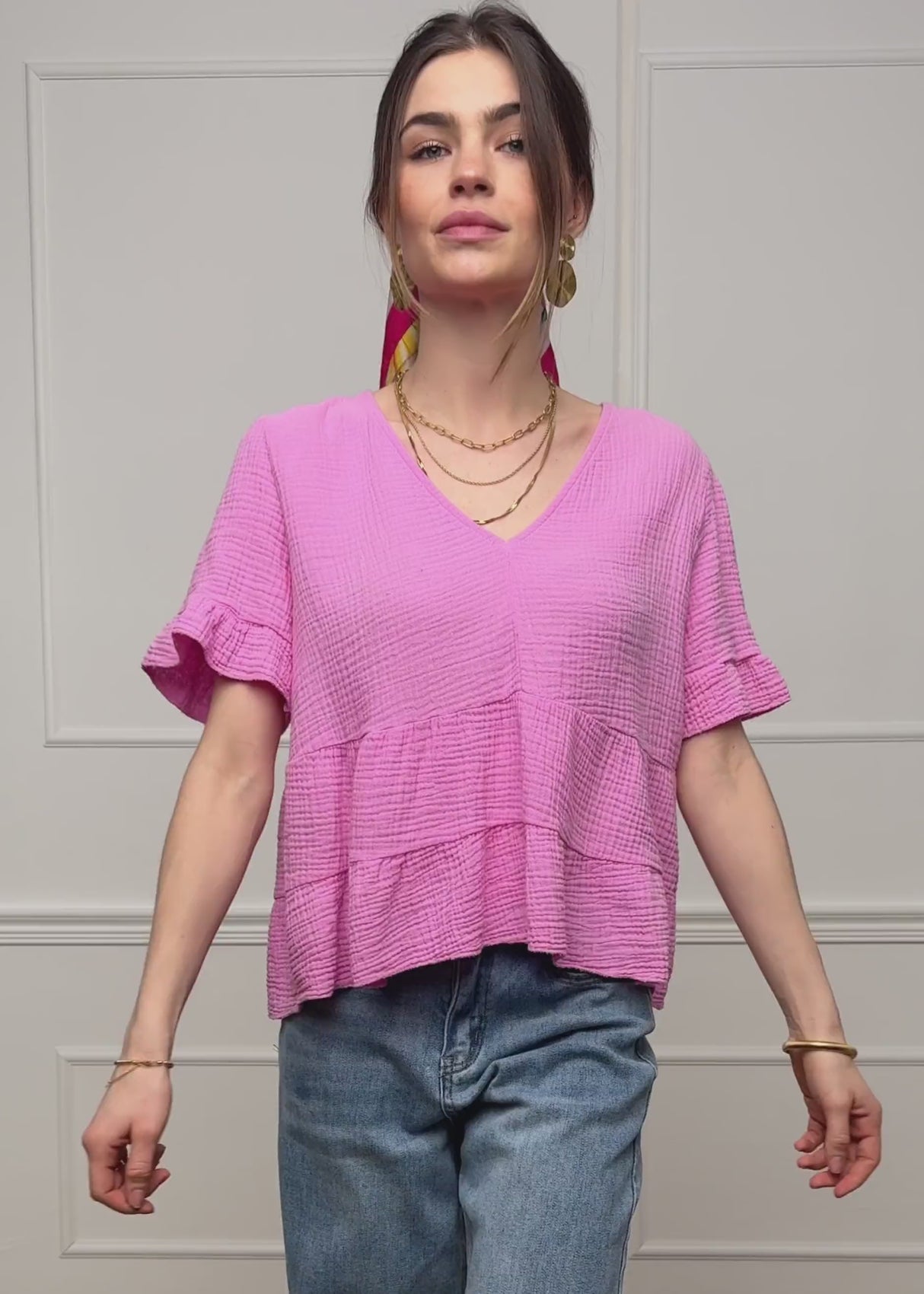 Musselin Shirt mit Volants - rosa