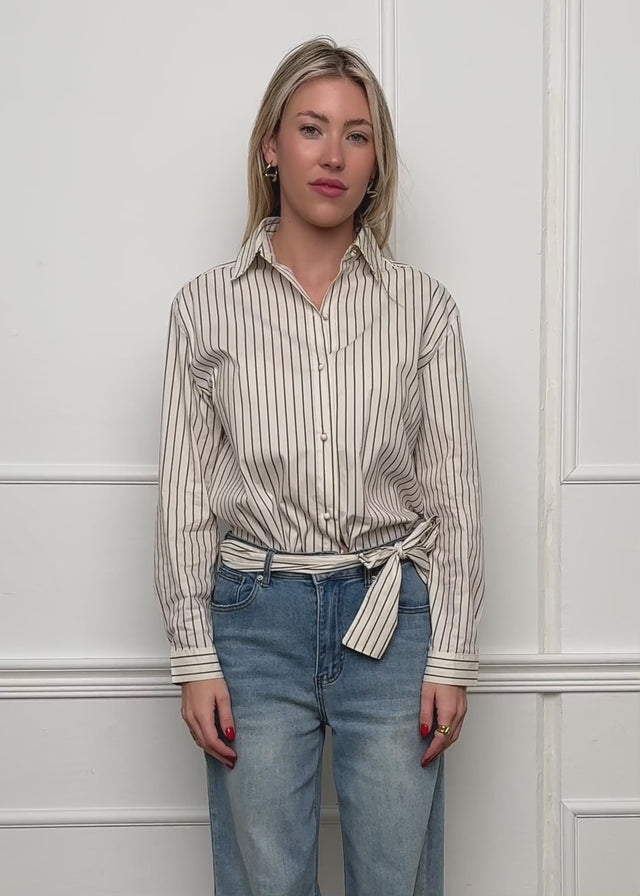 Striped tie-neck blouse - beige by SASSYCLASSY