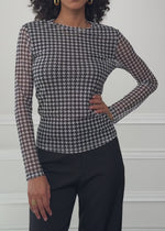 Mesh long-sleeved top with houndstooth pattern - black