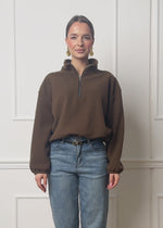 Oversized fleece sweatshirt with zipper - brown