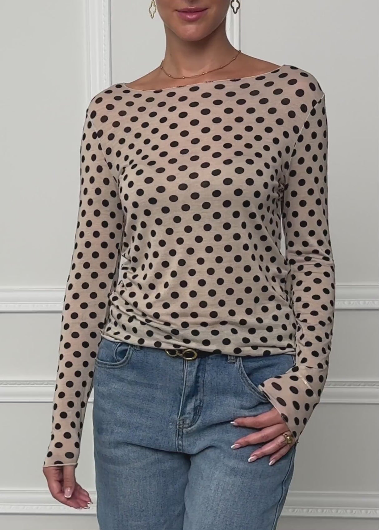 Slightly sheer long-sleeved shirt with cashmere blend and polka dots - beige-black by SASSYCLASSY