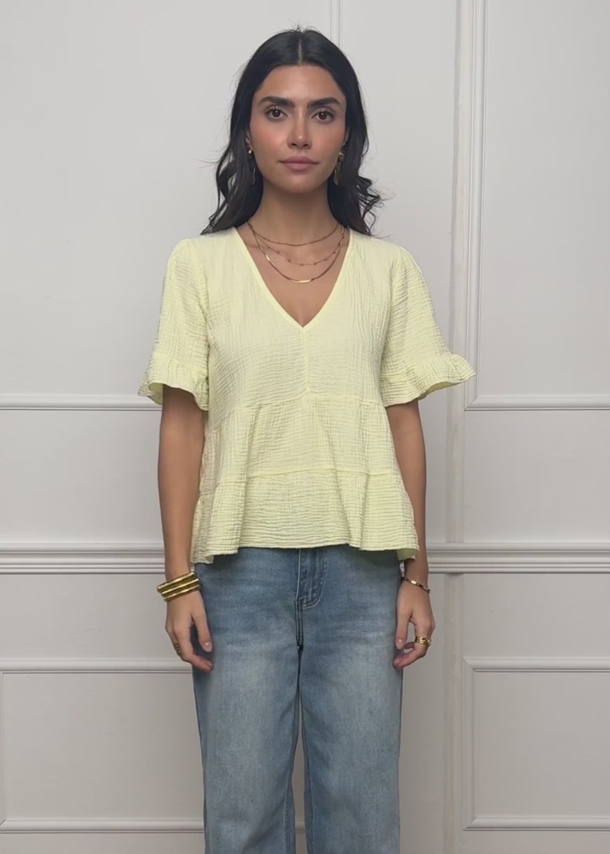 Muslin shirt with ruffles and deep V-neck - butter yellow by SASSYCLASSY