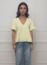 Muslin shirt with ruffles and deep V-neck - butter yellow