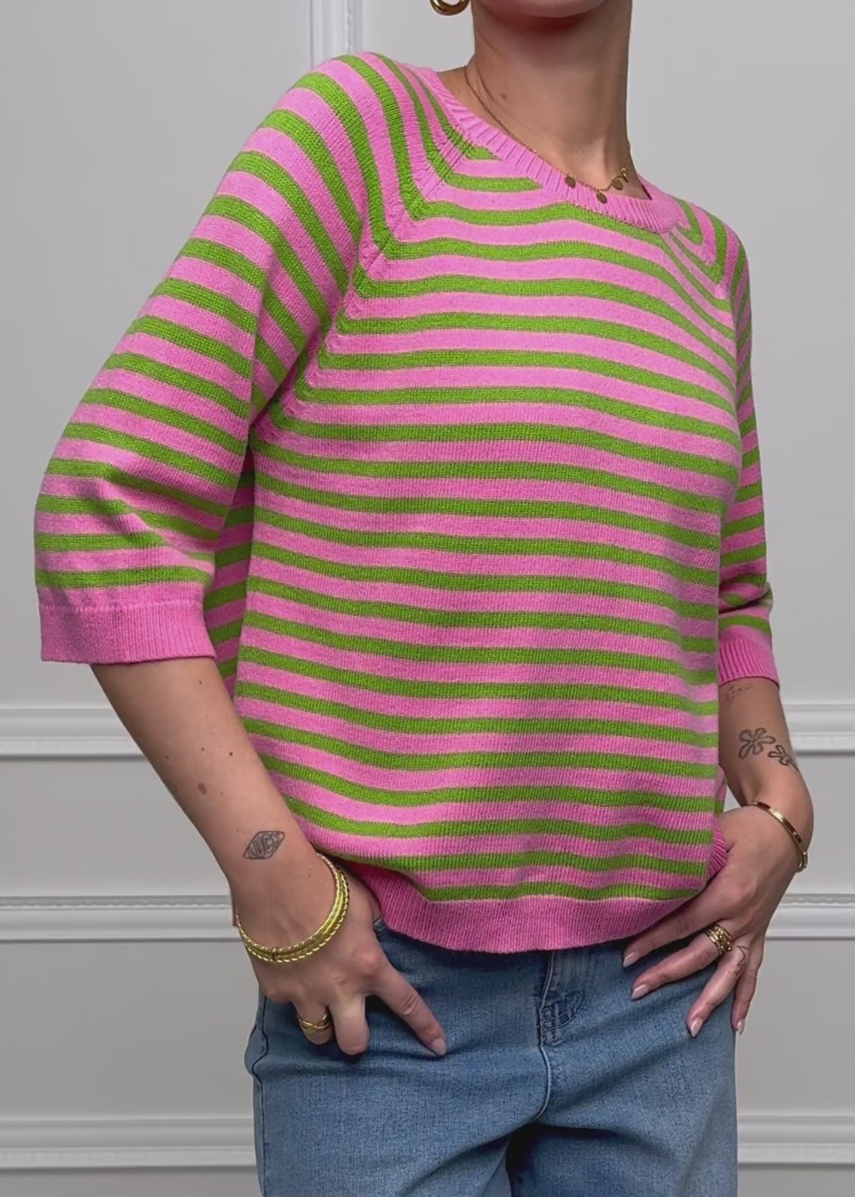 Gestreiftes Viskose-Strickoberteil - pink-grün