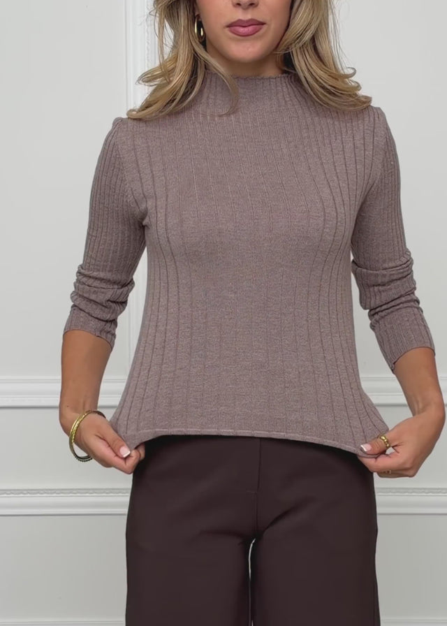 Ribbed knit top with funnel neck - taupe by SASSYCLASSY