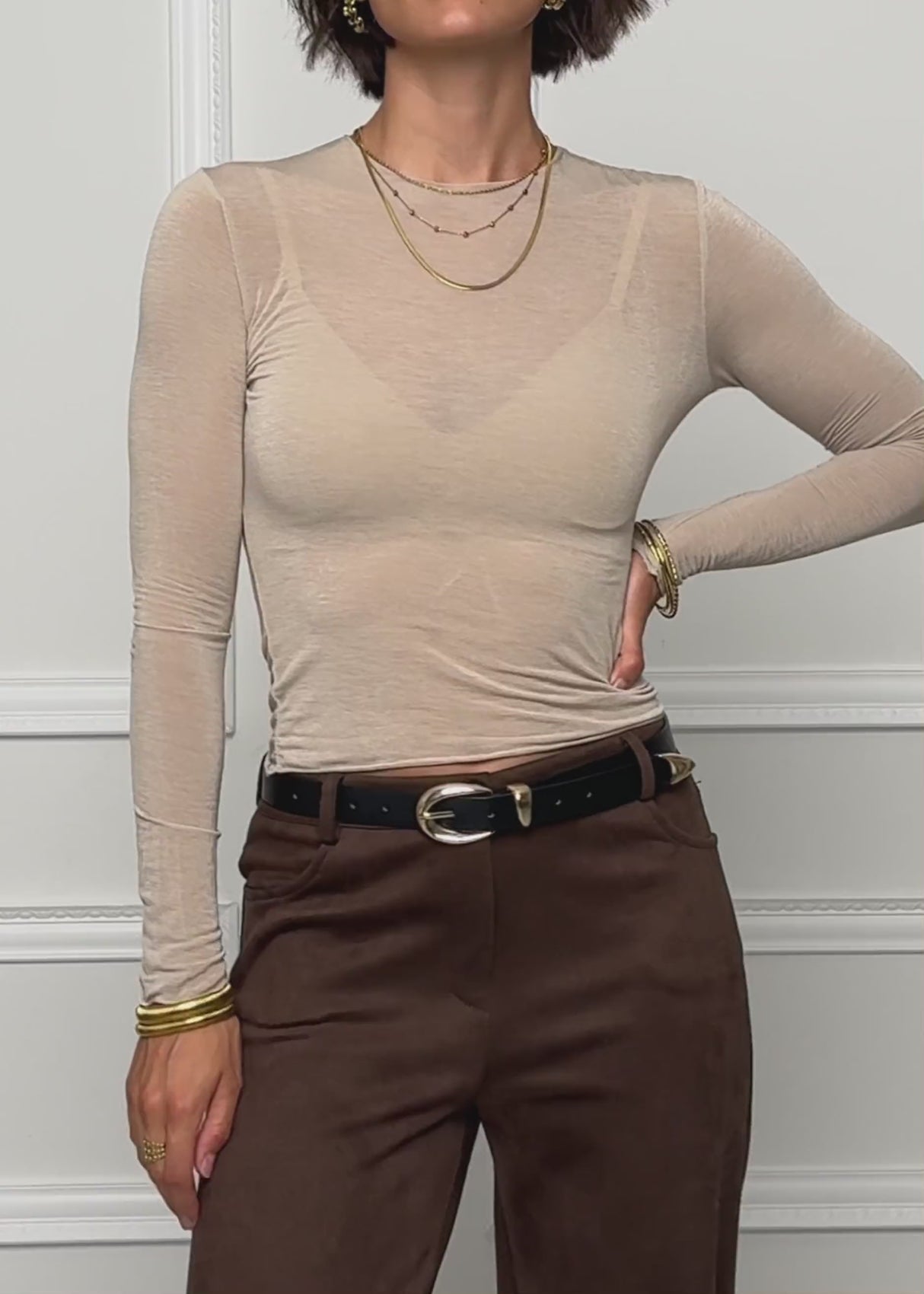 Slight sheer long-sleeved shirt with cashmere blend – beige by SASSYCLASSY