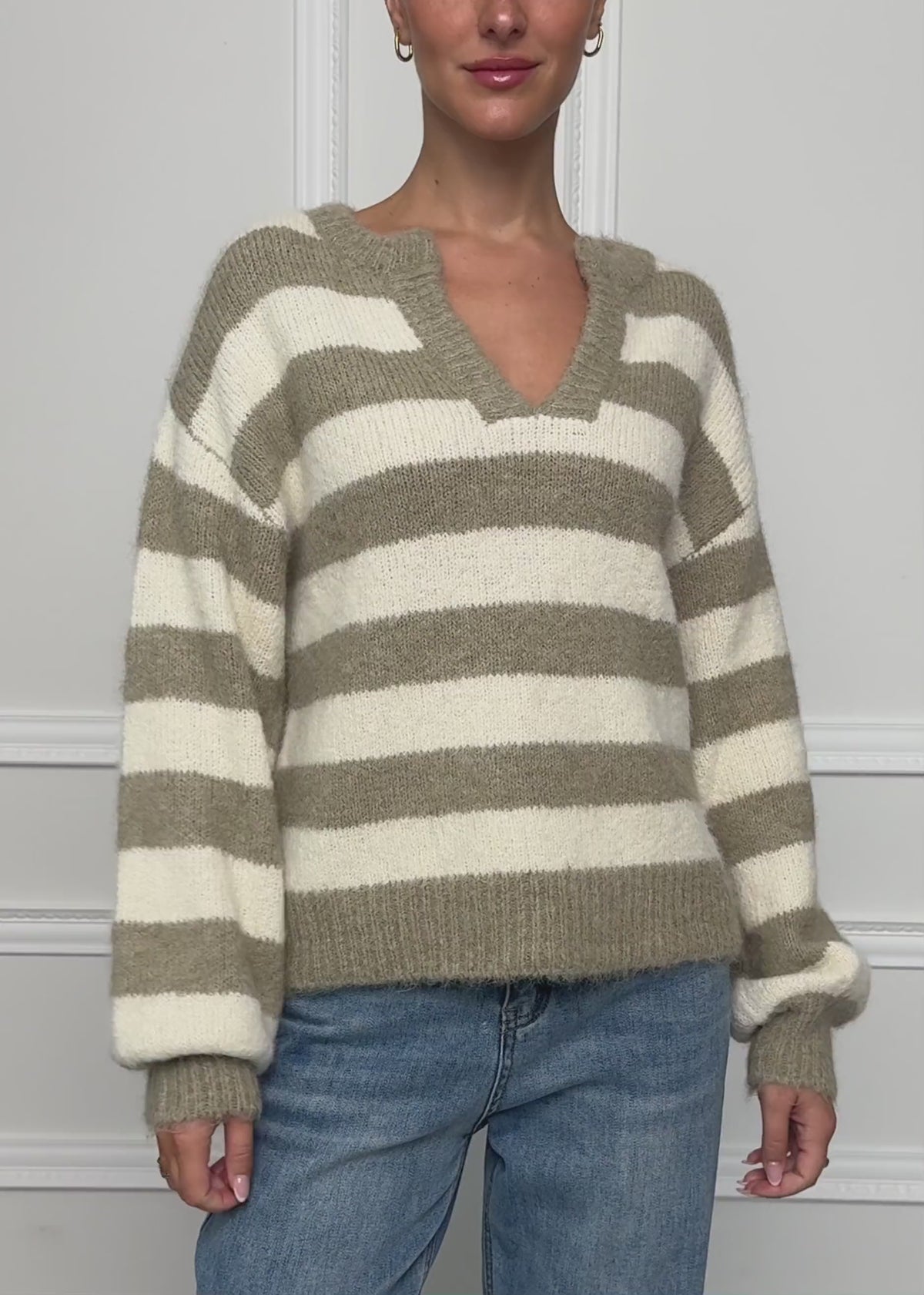 Striped jumper with trim - off-white-taupe by SASSYCLASSY