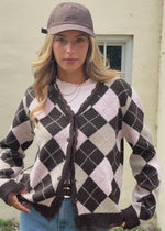 Cardigan with diamond pattern and lace trim - brown