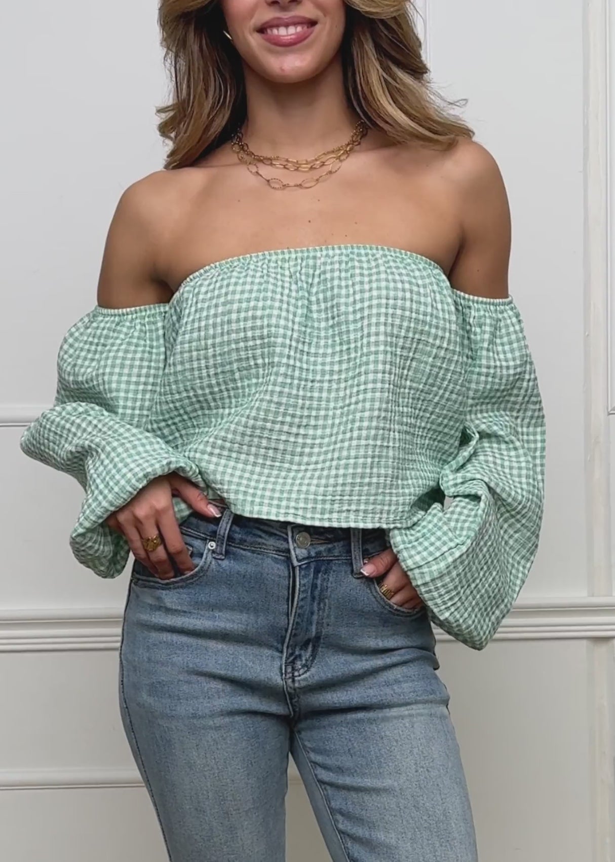 Off-the-shoulder muslin top with Vichy print - sage green and white by SASSYCLASSY