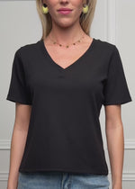Lässiges Ripp T-Shirt mit V-Ausschnitt - schwarz