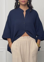 Musselin Bluse mit halblangen Ärmeln - dunkelblau