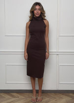 Midikleid mit Stehkragen und Rückenschlitz - braun