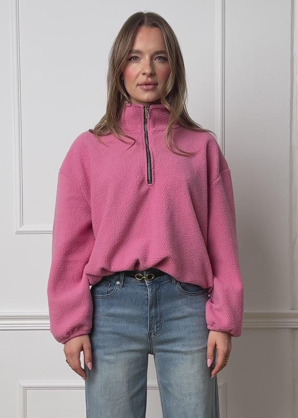 Oversize Fleece Sweatshirt mit Reißverschluss - rosa von SASSYCLASSY