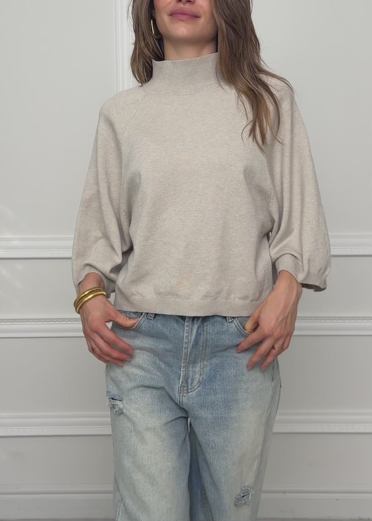 Kurzarm Strickpullover mit weiten Raglanärmeln - greige von SASSYCLASSY