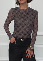 Mesh long-sleeved top with checked pattern - black