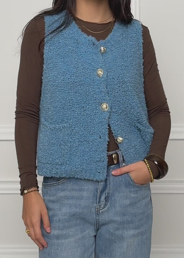 Bouclé-Weste mit Taschen - blau von SASSYCLASSY