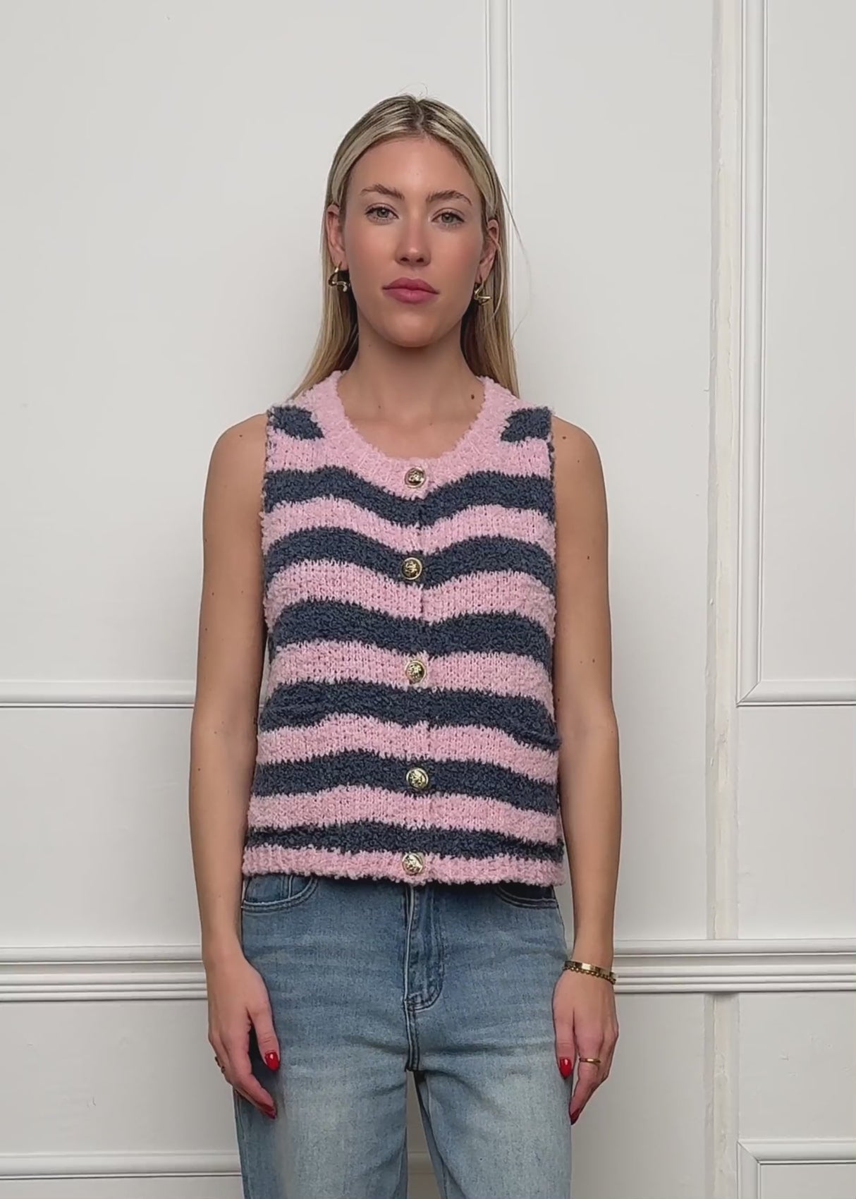 Bouclé Block Stripe Vest - Pink-Grey by SASSYCLASSY