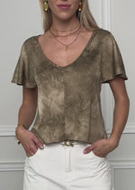 Kurzarm Satin Bluse mit Batik-Muster - braun