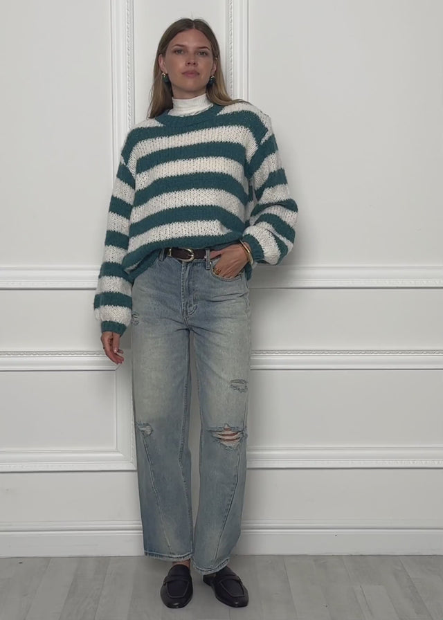 Gestreifter Grobstrickpullover - petrol-offwhite