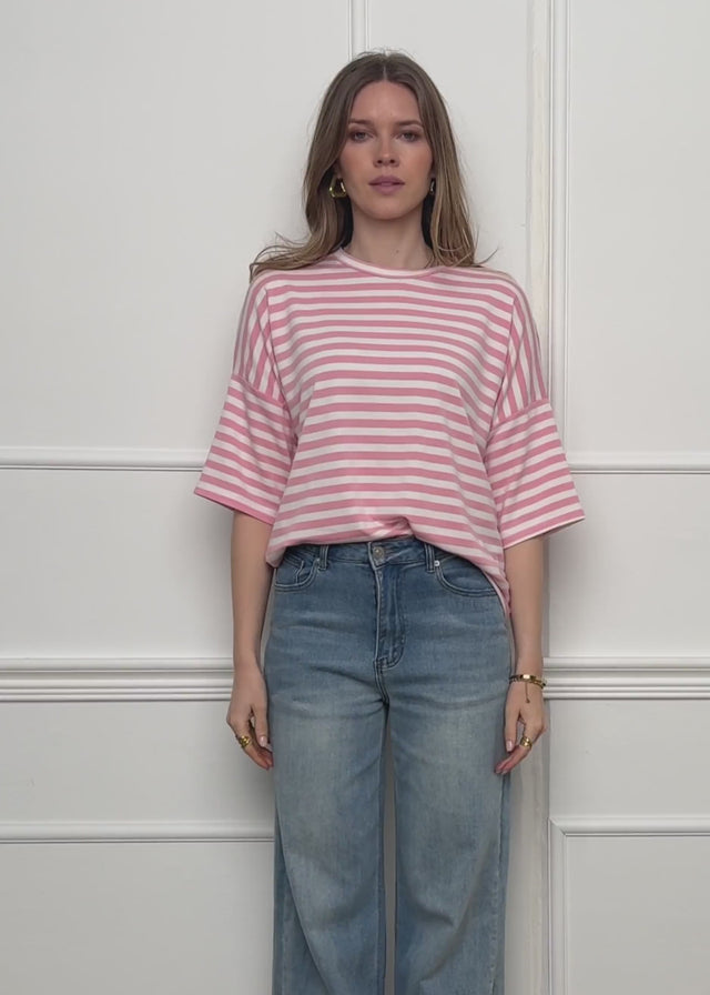 Oversized T-shirt with stripes - rose-white by SASSYCLASSY