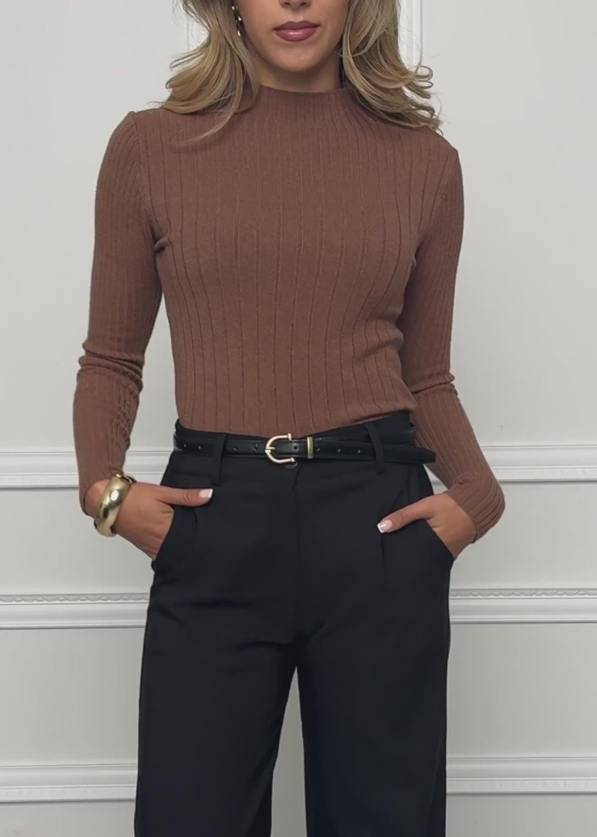 Ribbed knit top with funnel neck - brown by SASSYCLASSY