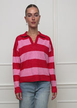 Gestreifter Pullover mit Polokragen - pink-rot
