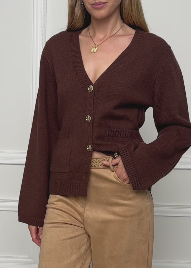 Cardigan with V-neck and gold-tone buttons - brown by SASSYCLASSY