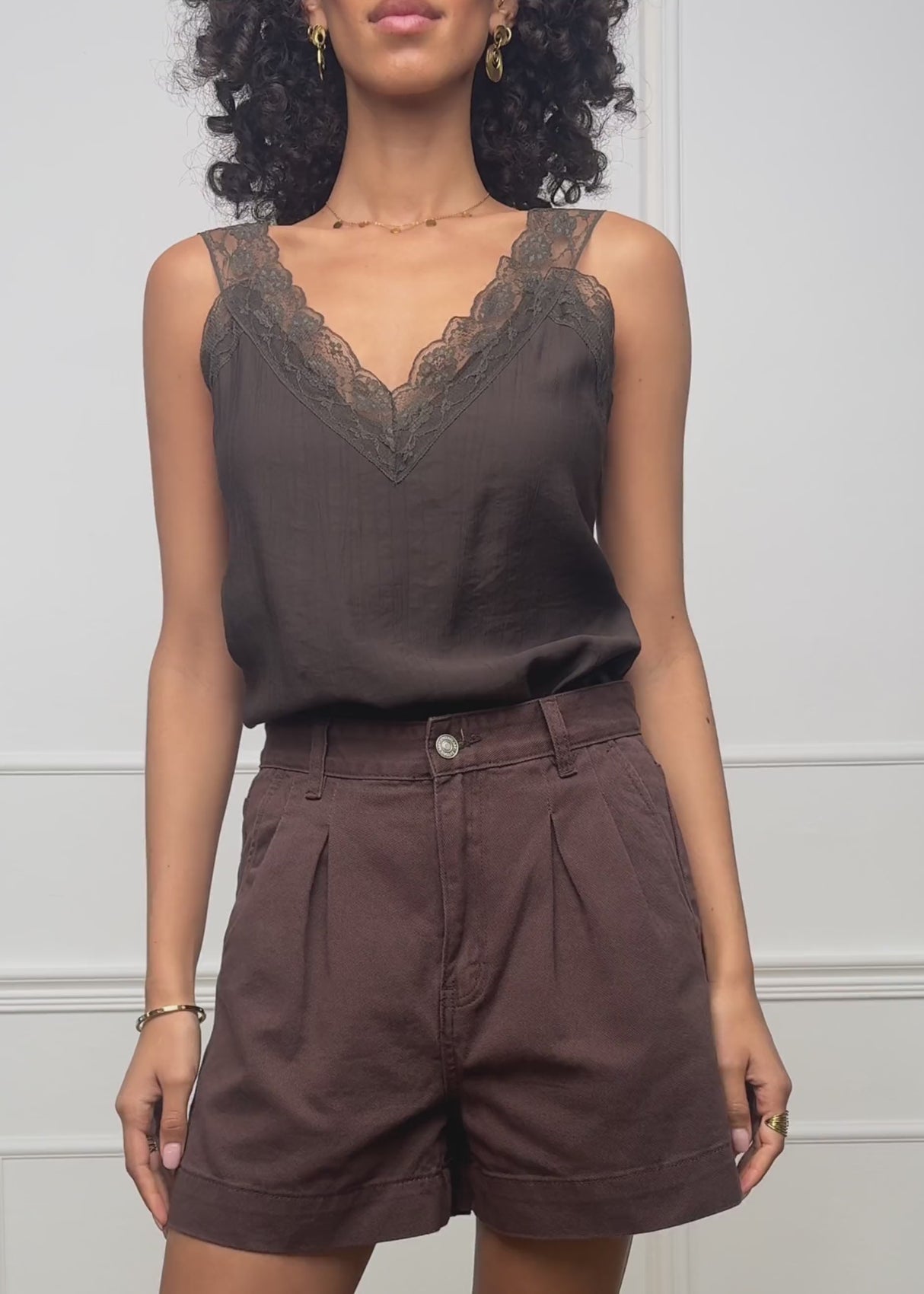 Wide high waist jeans shorts - brown