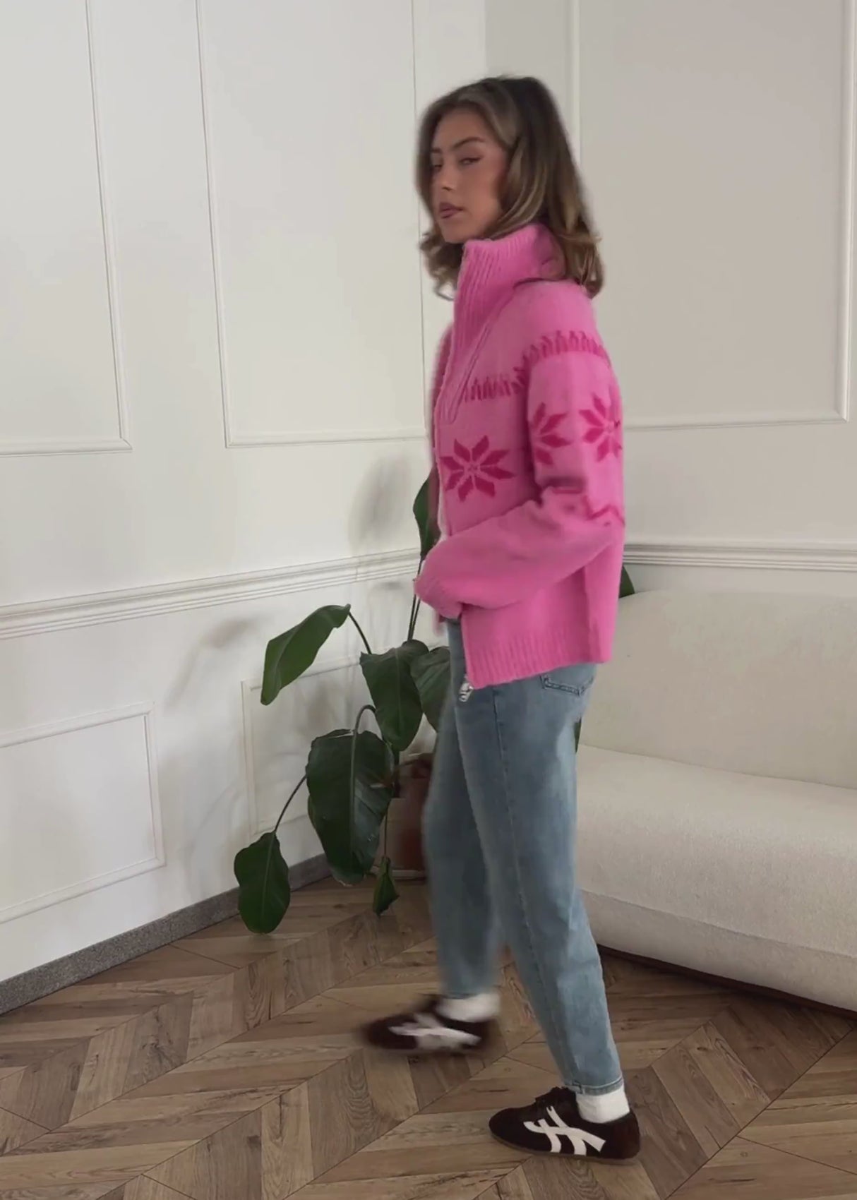 Cardigan mit Reißverschluss und Schneeflocken-Muster - pink