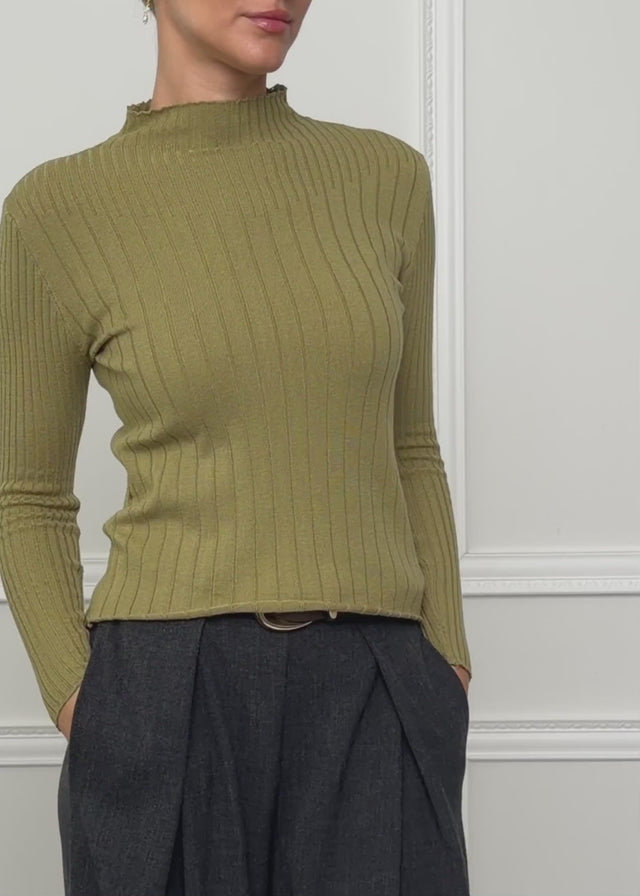 Ribbed knit top with funnel neck - olive green by SASSYCLASSY