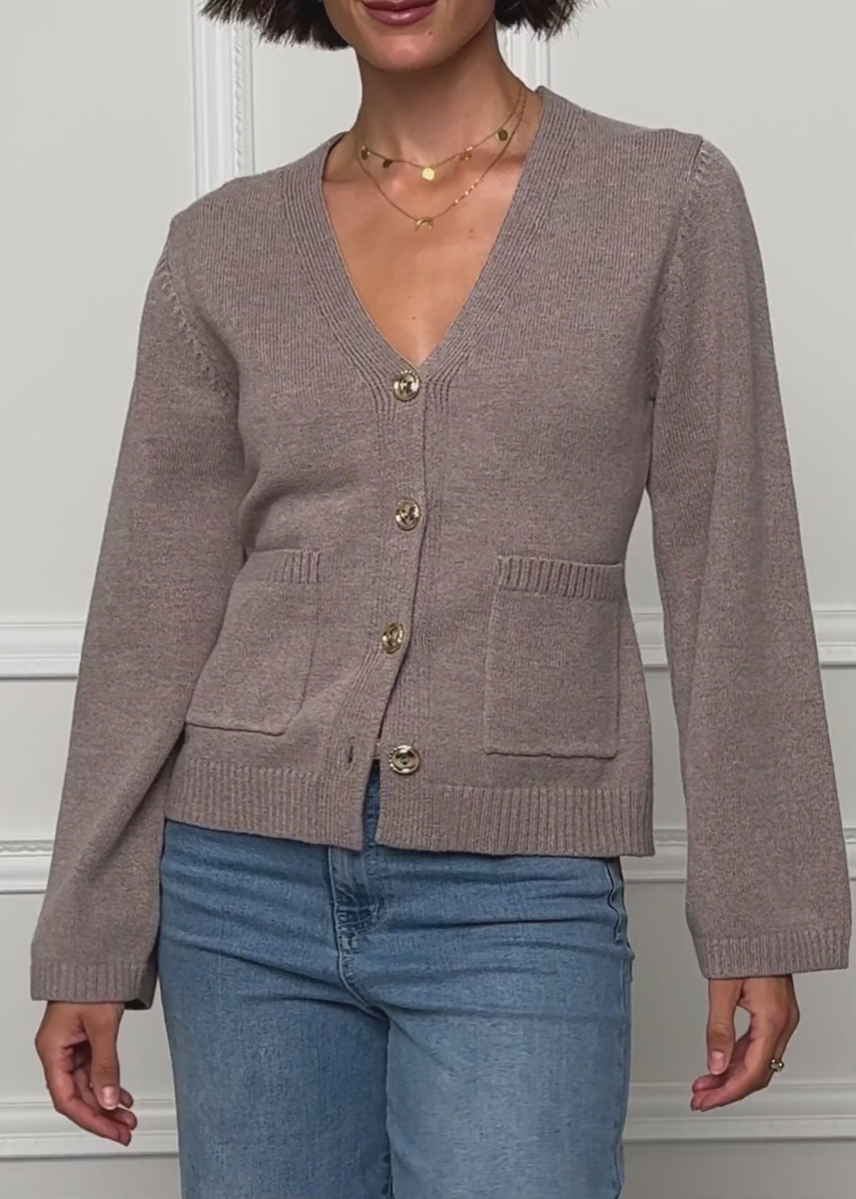 Cardigan with V-neck and gold-tone buttons - taupe by SASSYCLASSY