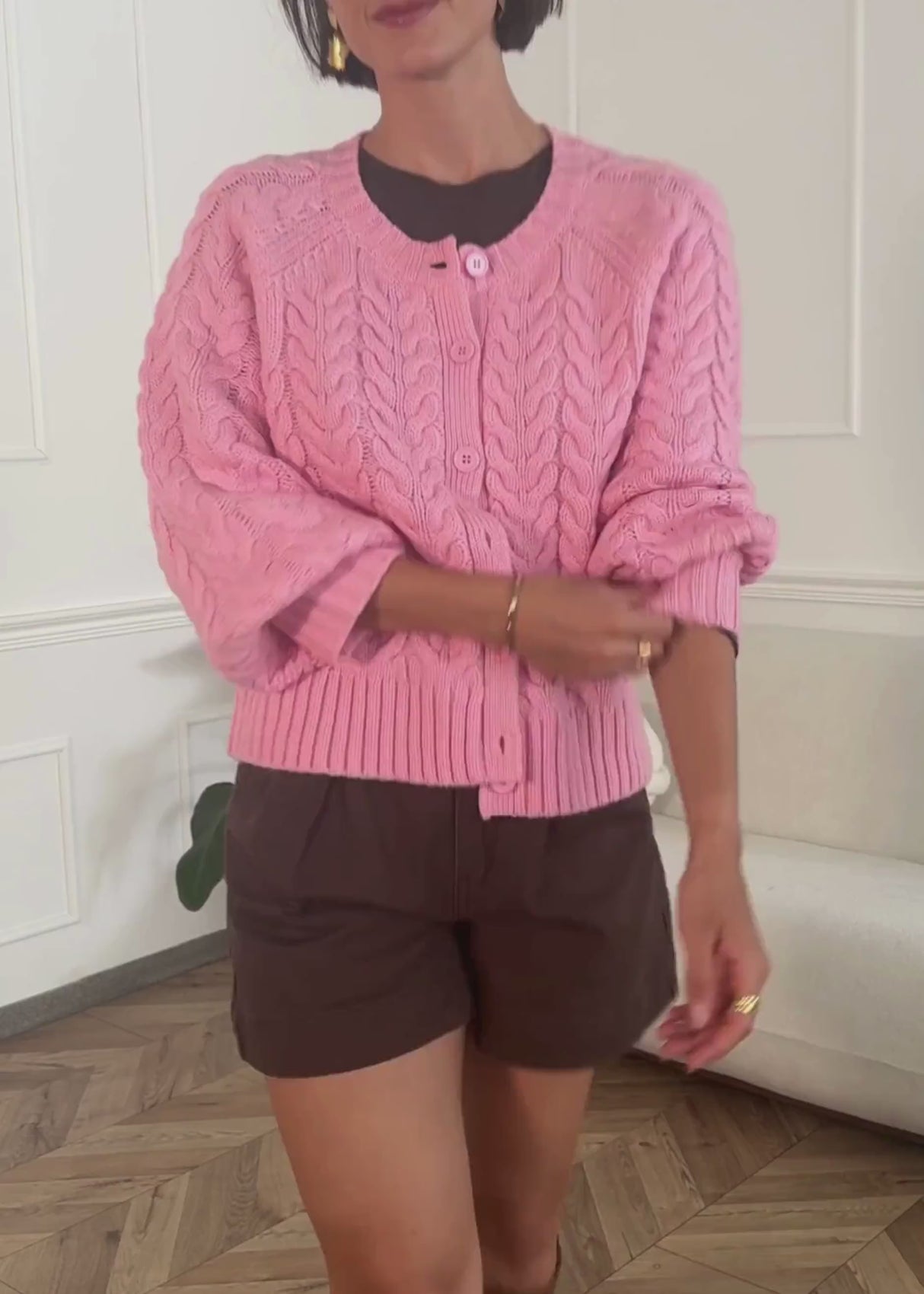 Zopfstrick-Cardigan mit Rundhalsausschnitt - pink