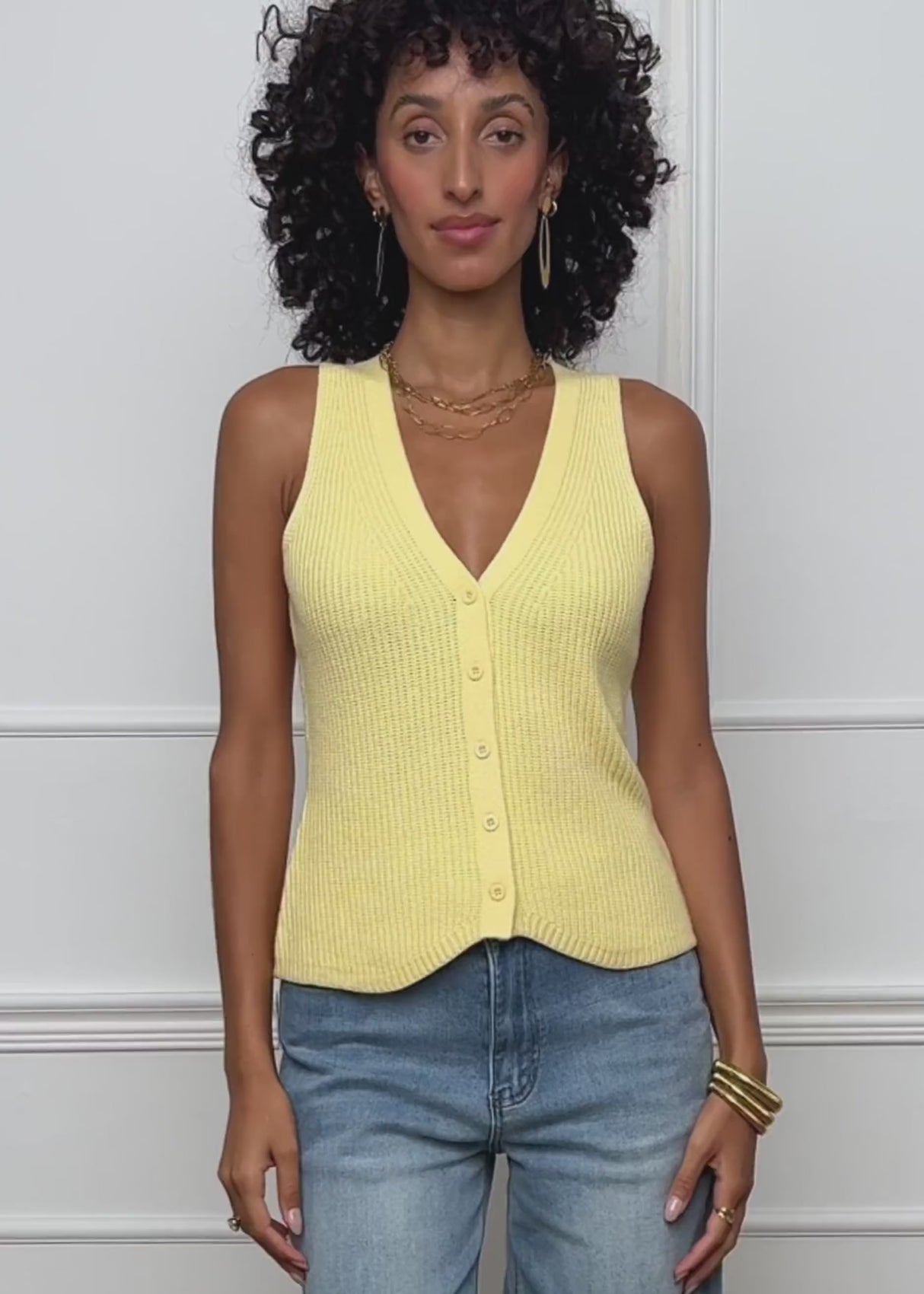 Knit top with button placket and deep V-neck - butter yellow by SASSYCLASSY
