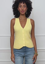 Knit top with button placket and deep V-neck - butter yellow