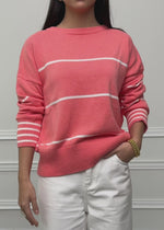 Feinstrickpullover mit Kontraststreifen - koralle