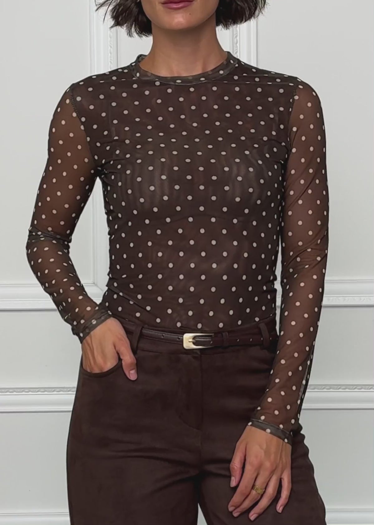 Mesh long-sleeved shirt with dots - brown by SASSYCLASSY