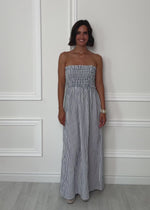 Gestreiftes Maxi Musselin Bandeau Kleid - blau-weiß