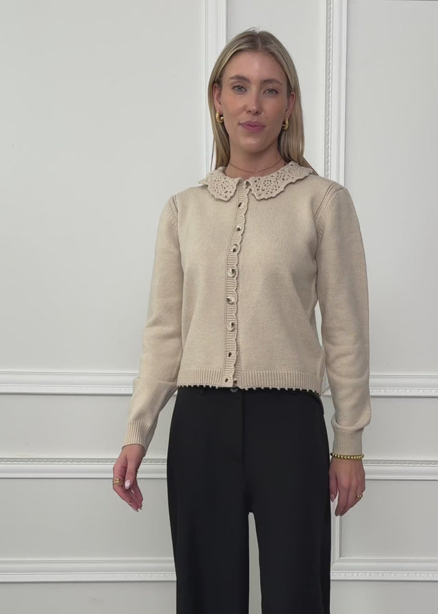Cardigan with crochet collar - beige by SASSYCLASSY