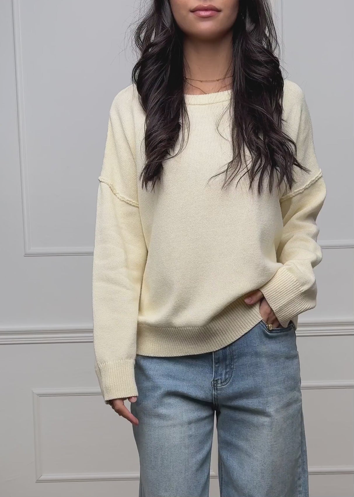 Oversized cotton sweater with back seam - cream