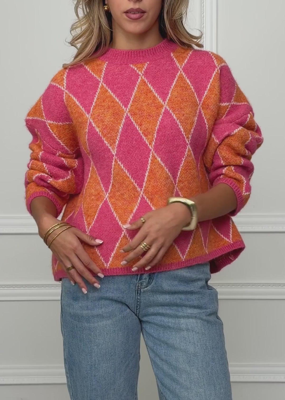 Oversize Strickpullover mit Rautenmuster - pink-orange von SASSYCLASSY