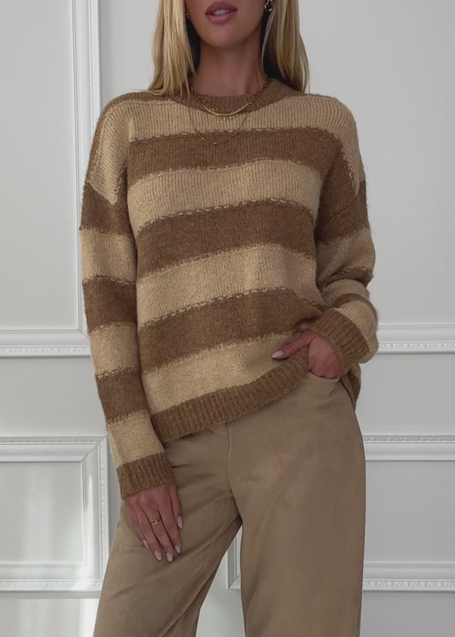 Knit jumper with block stripes - camel-beige by SASSYCLASSY