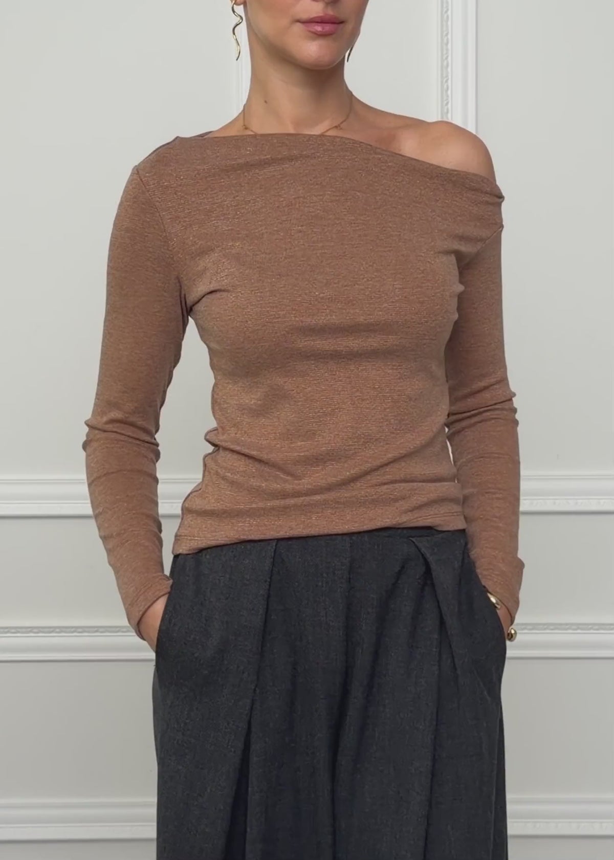 Glitter top with asymmetric neckline - brown by SASSYCLASSY