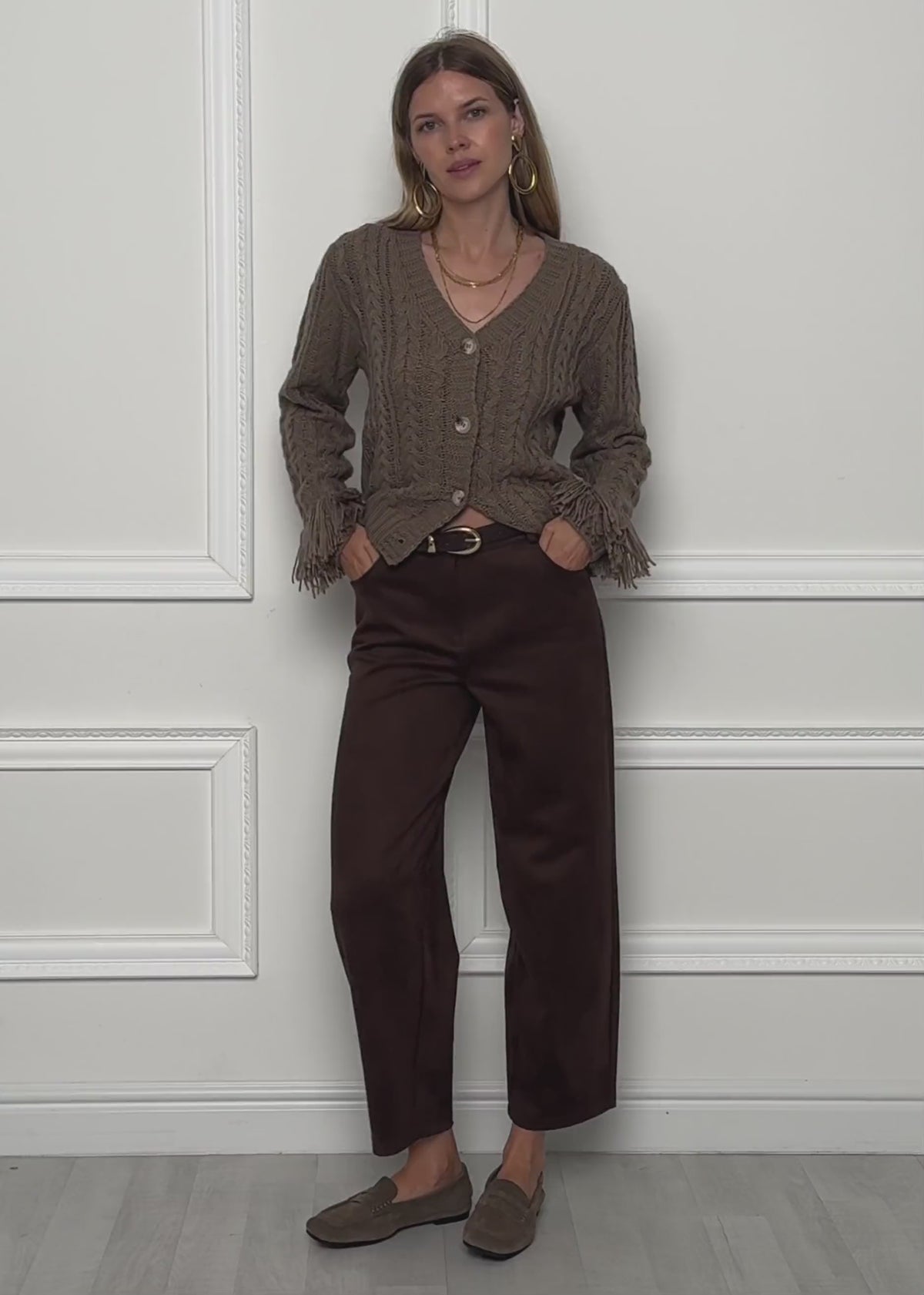 Cable knit cardigan with fringed cuffs - taupe by SASSYCLASSY