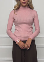 Ribbed knit top with funnel neck - dusty rose