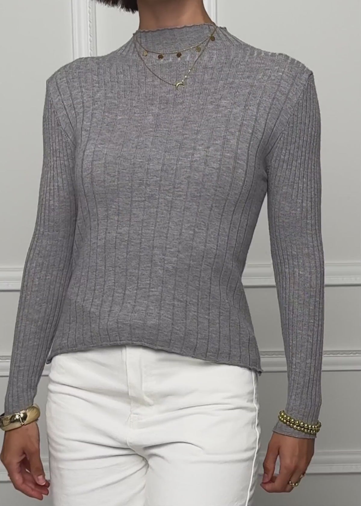 Rib knitting sweater with stand -up collar - gray by SASSYCLASSY